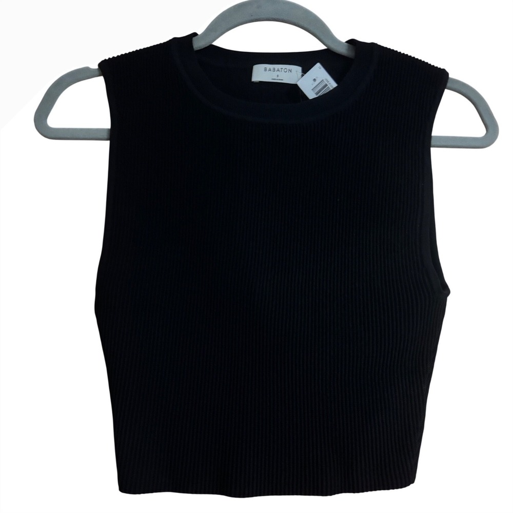 Babaton Sculpt Knit Muscle Tank Top Black Sleeveless Ribbed Crew Neck S NWT